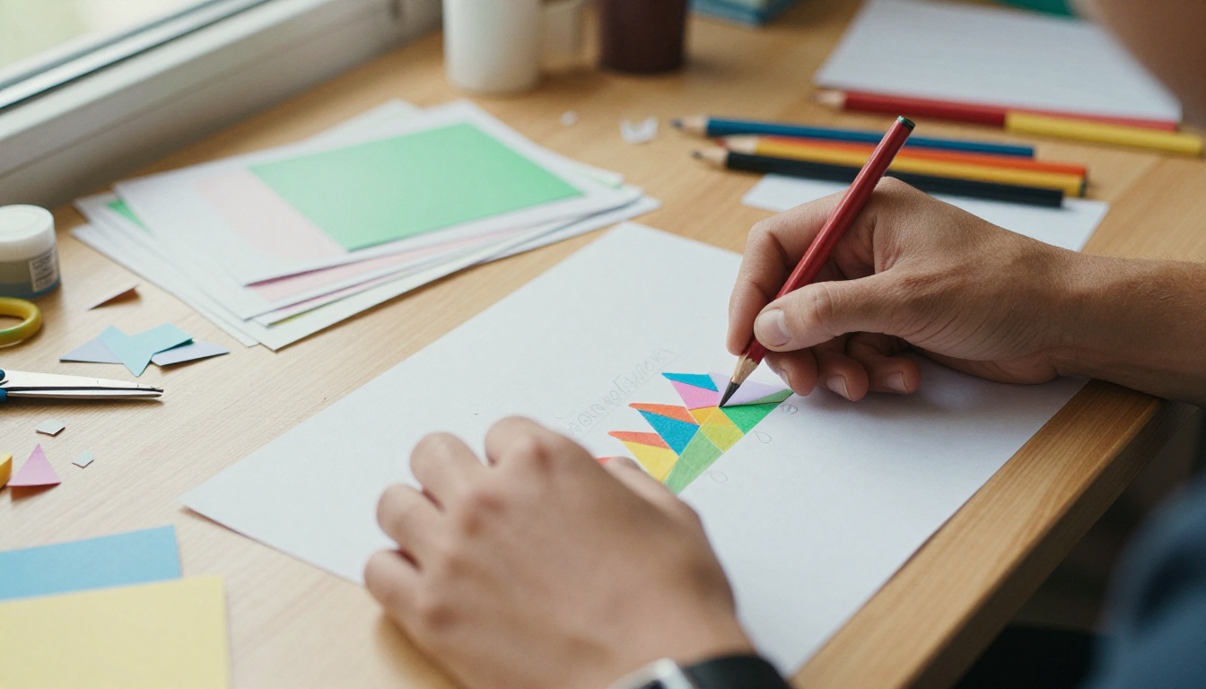 Teacher's hands crafting a paper flipbook surrounded by scissors and colored pencils Teacher's hands crafting a paper flipbook surrounded by scissors and colored pencils