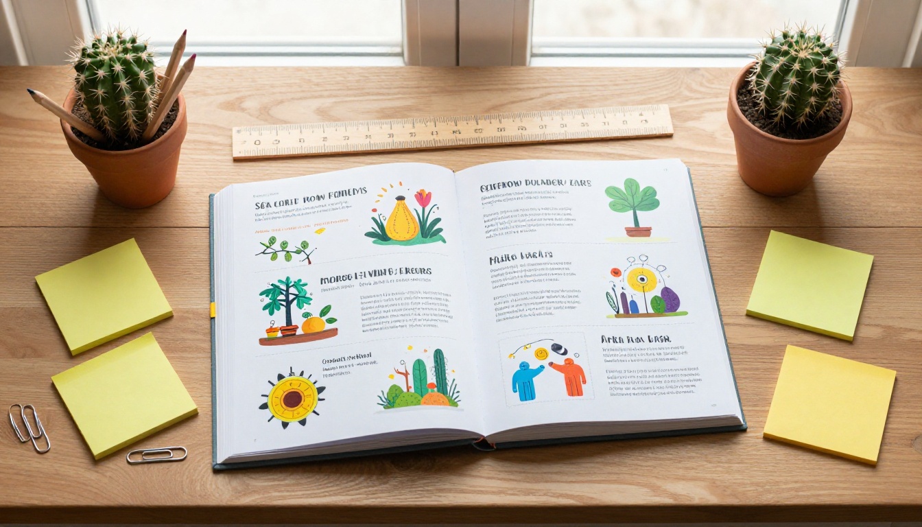 Aerial flat-lay of a science vocabulary flipbook surrounded by rulers and colored pencils
