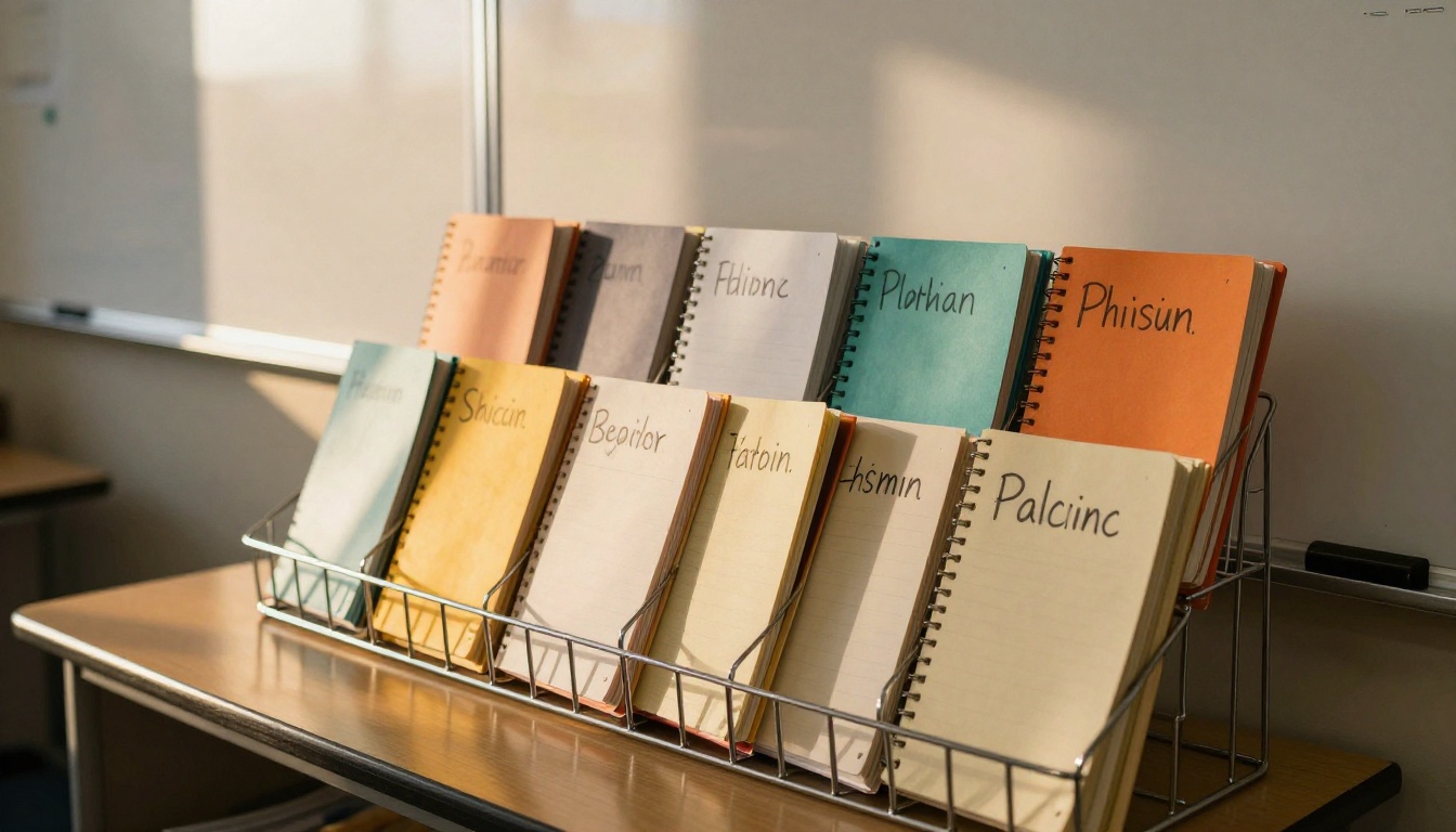 Organized classroom flipbook supply station with color-coded student books on a wire rack Organized classroom flipbook supply station with color-coded student books on a wire rack