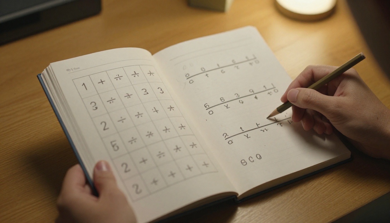 Teacher holding open a math flipbook showing multiplication tables and number lines Teacher holding open a math flipbook showing multiplication tables and number lines