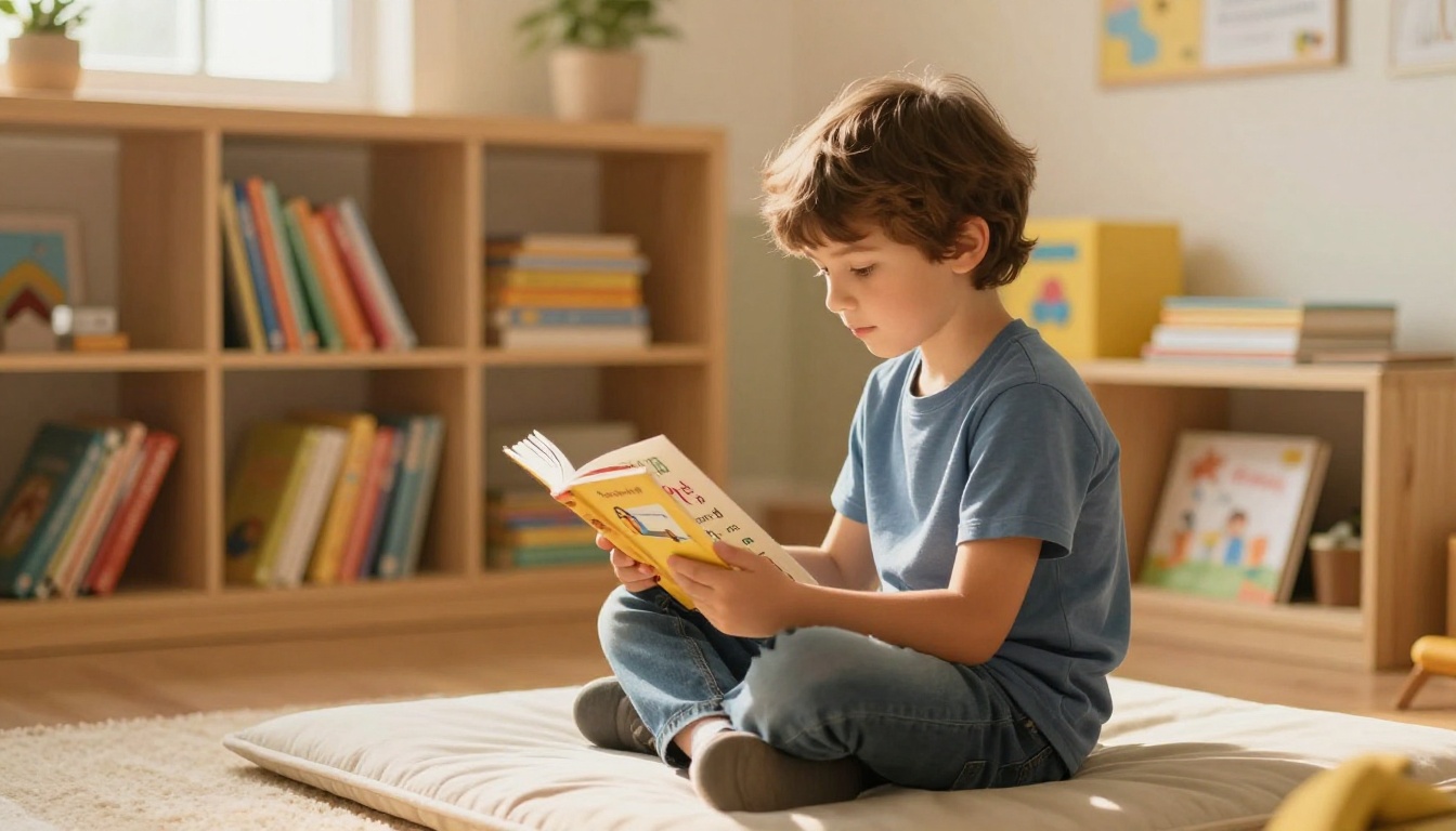 Young student reading a language arts flipbook in a cozy classroom reading corner Young student reading a language arts flipbook in a cozy classroom reading corner