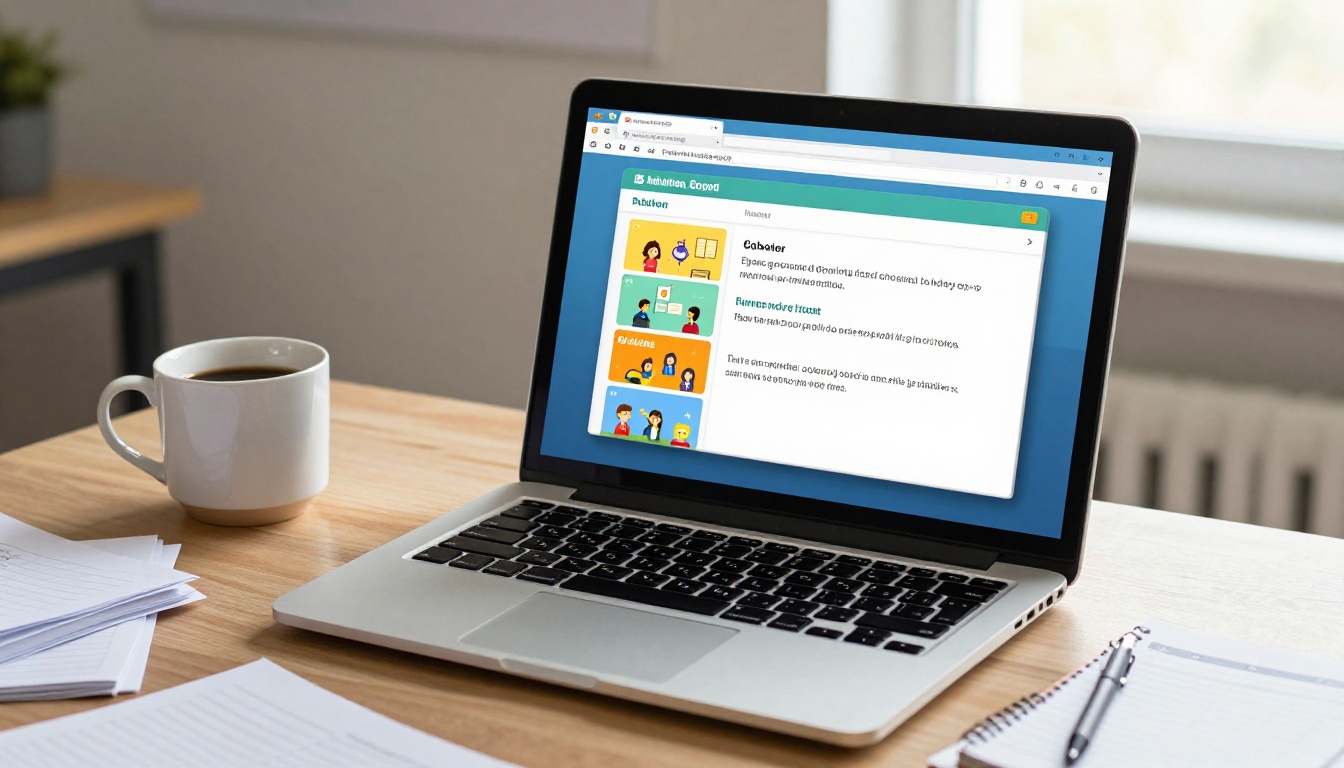 A laptop displaying a digital flipbook interface on a teacher's organized desk