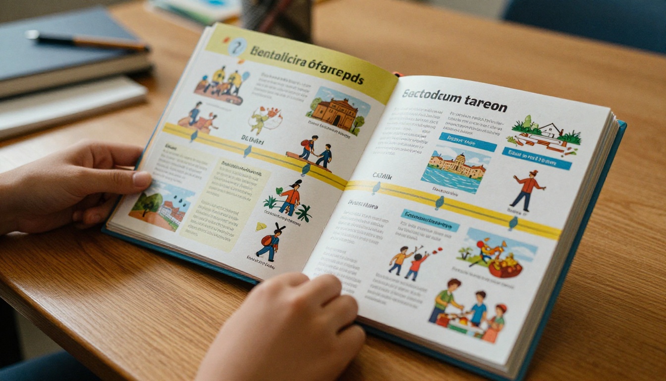 Student hands flipping through a social studies timeline flipbook with colorful era tabs