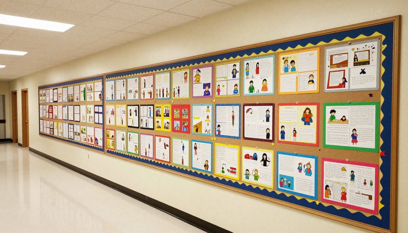 Student flipbooks displayed on a school hallway bulletin board with colorful fabric borders
