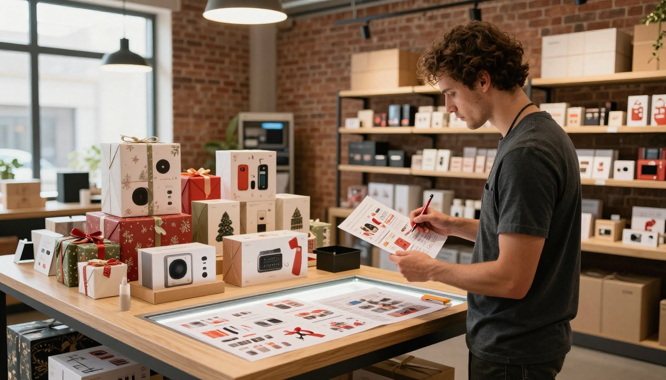Retail professional reviewing holiday gift catalog proofs in a modern studio with warm pendant lighting Retail professional reviewing holiday gift catalog proofs in a modern studio with warm pendant lighting