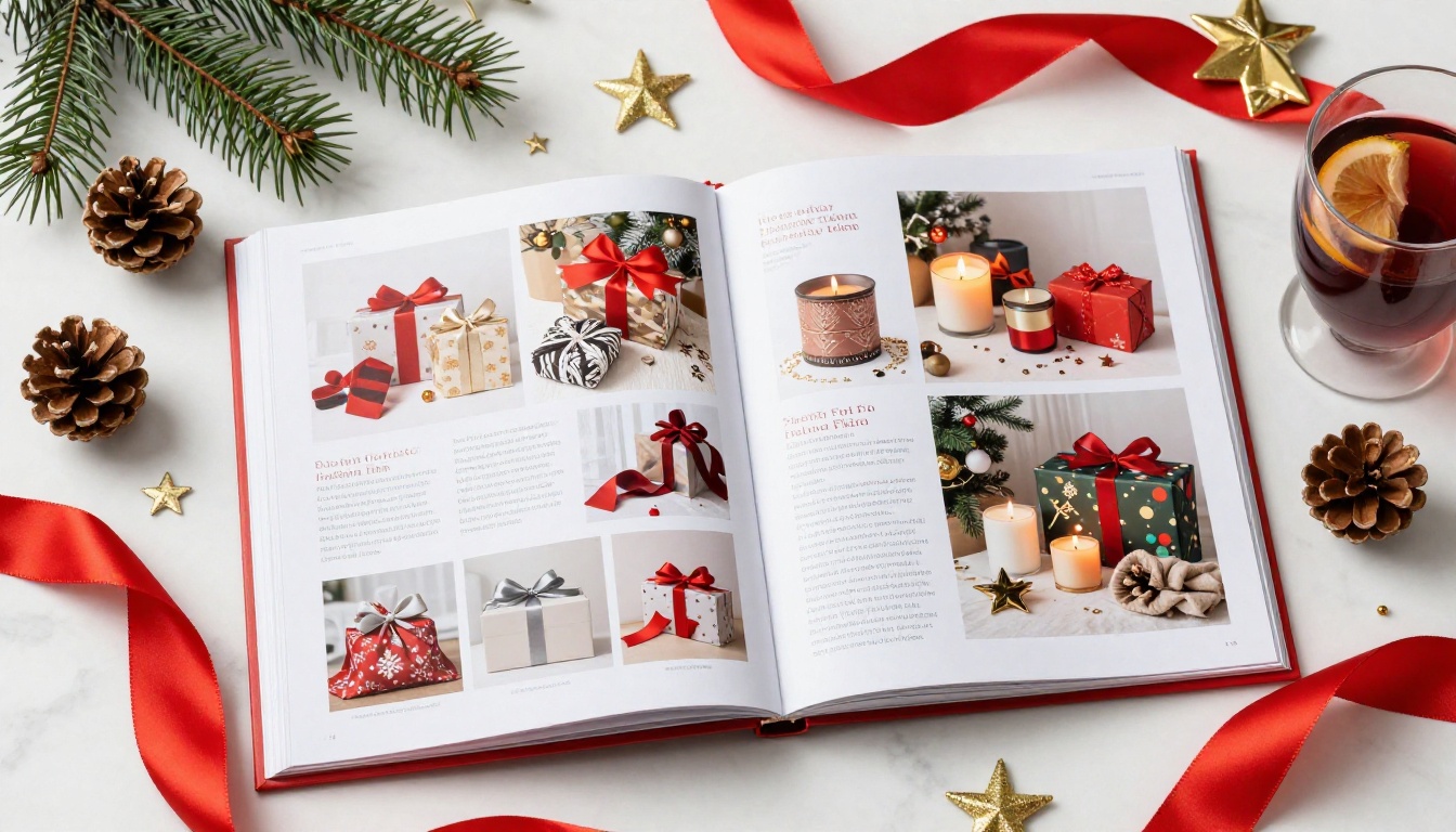 Overhead flat-lay of open holiday catalog on marble surface with seasonal props and warm lighting Overhead flat-lay of open holiday catalog on marble surface with seasonal props and warm lighting