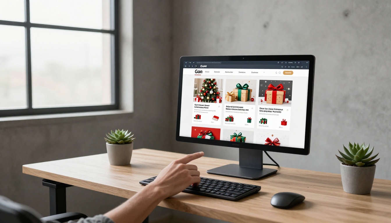 Professional content designer building digital holiday catalog on laptop with modern studio backdrop
