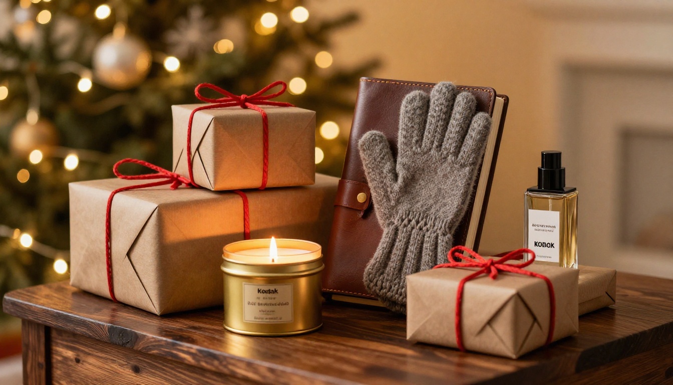 Beautifully arranged holiday gift products on dark walnut surface with warm bokeh string lights Beautifully arranged holiday gift products on dark walnut surface with warm bokeh string lights