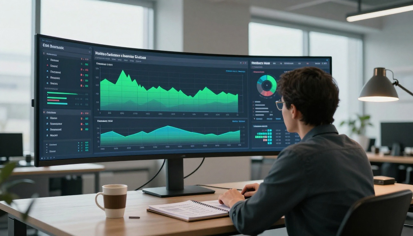 Business owner reviewing holiday catalog analytics dashboard on large curved monitor in modern office