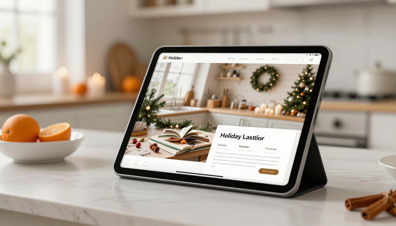 Interactive digital holiday catalog displayed on tablet in festive kitchen setting with pine garland