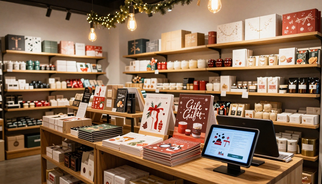 Small business gift shop interior during holiday season with catalog displayed on counter beside tablet Small business gift shop interior during holiday season with catalog displayed on counter beside tablet