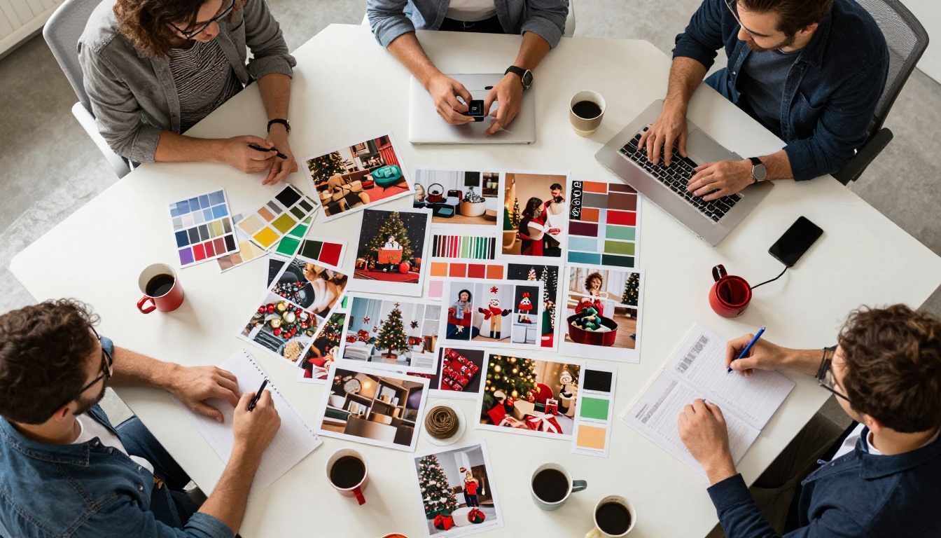Aerial overhead view of creative team brainstorming holiday catalog content with product photos and color swatches spread across a table Aerial overhead view of creative team brainstorming holiday catalog content with product photos and color swatches spread across a table