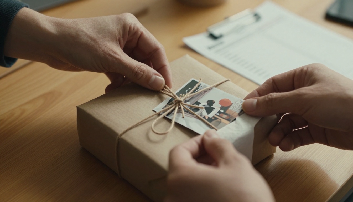 Hands packaging a holiday gift order with branded box and catalog insert in e-commerce fulfillment setting