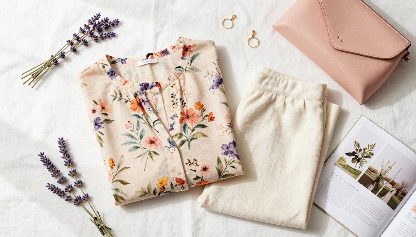 Spring fashion flat lay with seasonal collection items arranged on white linen