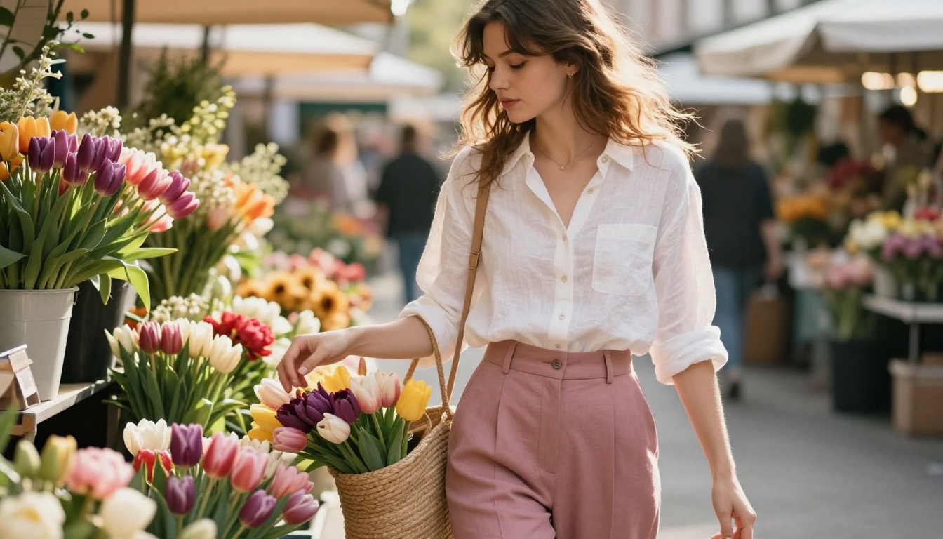 Model in spring fashion outfit browsing a colorful flower market