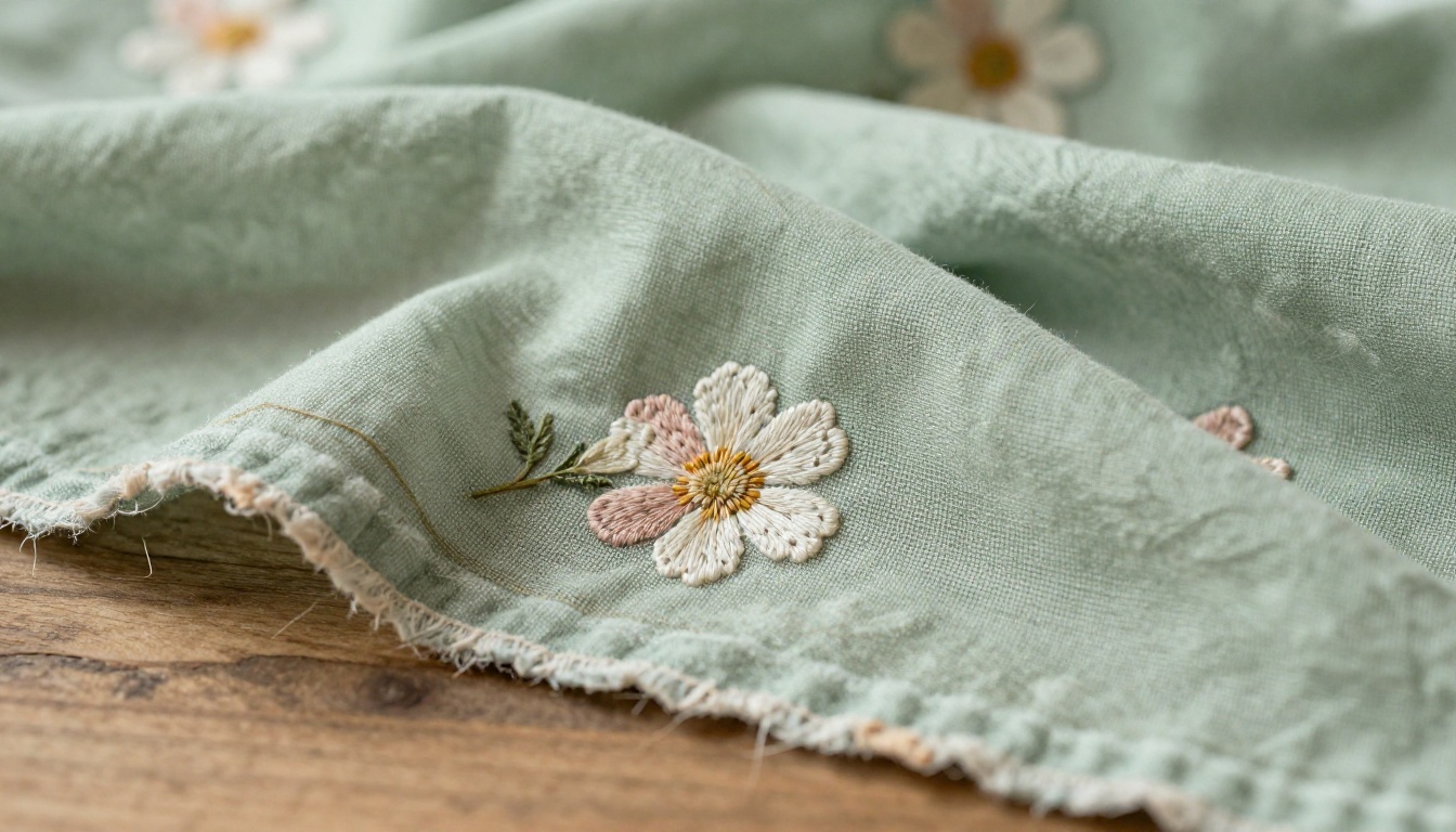 Extreme close-up of embroidered spring fabric texture on natural wood surface