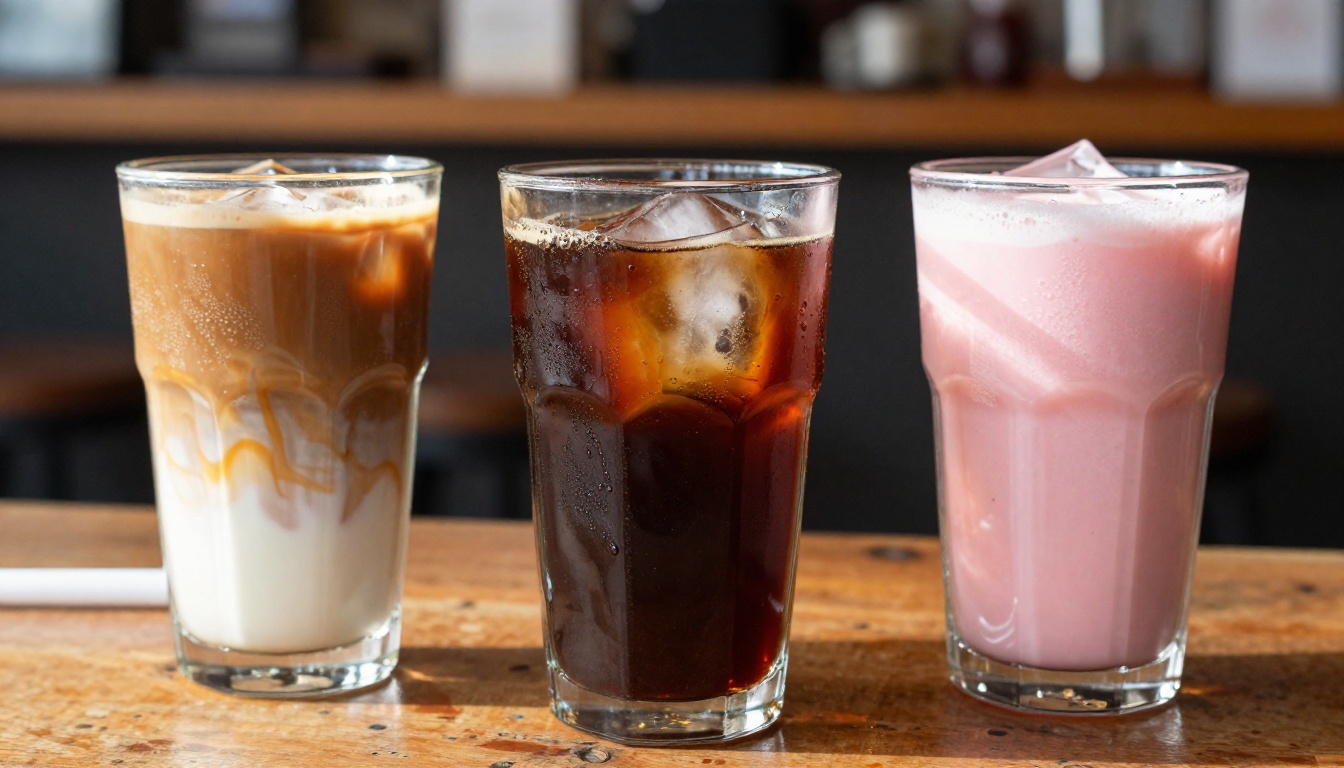 Three iced coffee drinks showcasing layered colors and condensation