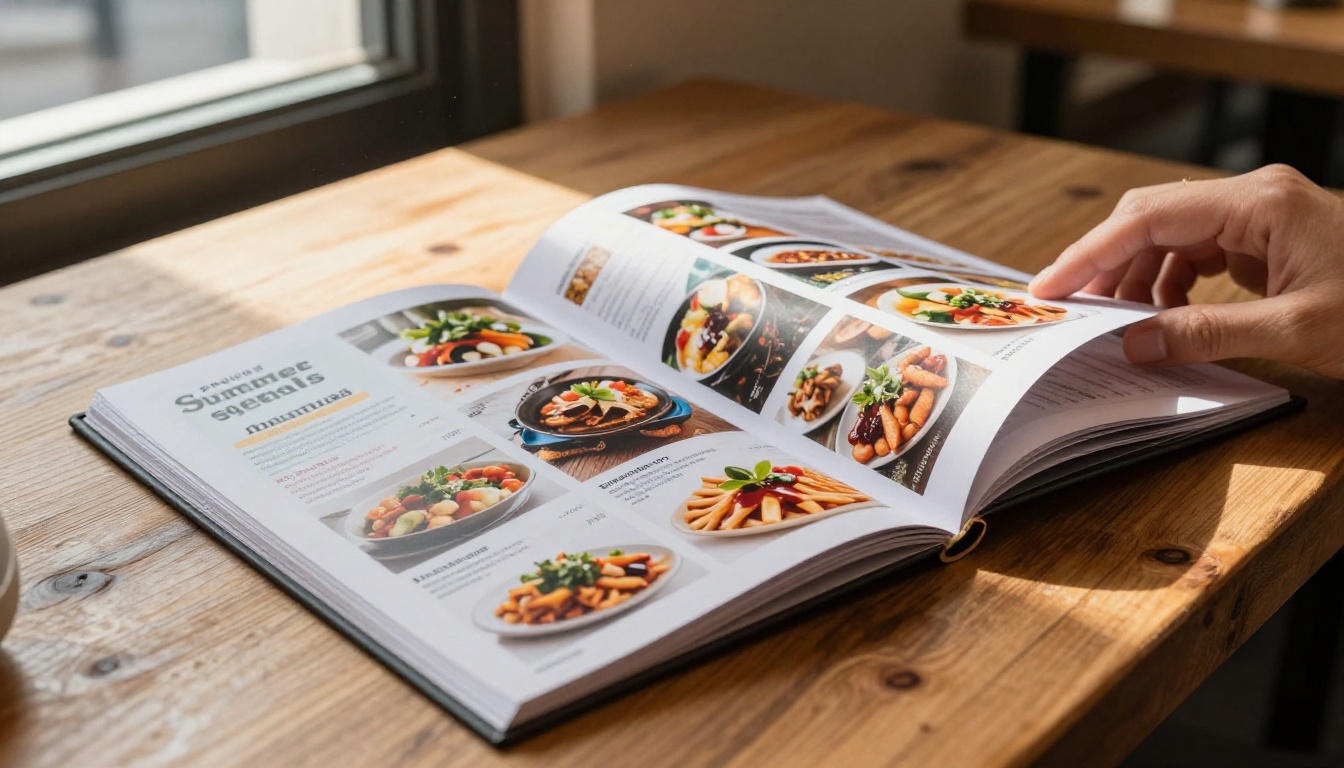 Open menu flipbook on a rustic cafe table with summer specials