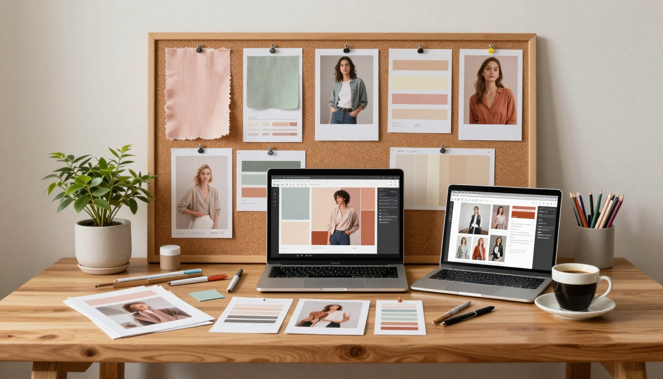 Creative workspace with spring lookbook mood board, fabric swatches, and laptop