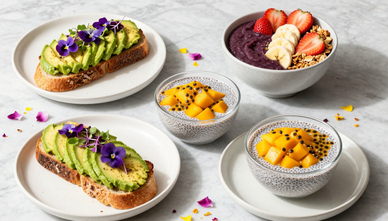 Summer cafe brunch spread with avocado toast, acai bowl and chia pudding on marble