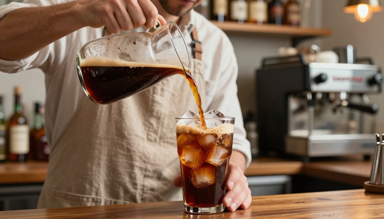 Barista pouring cold brew over crystal-clear ice cubes