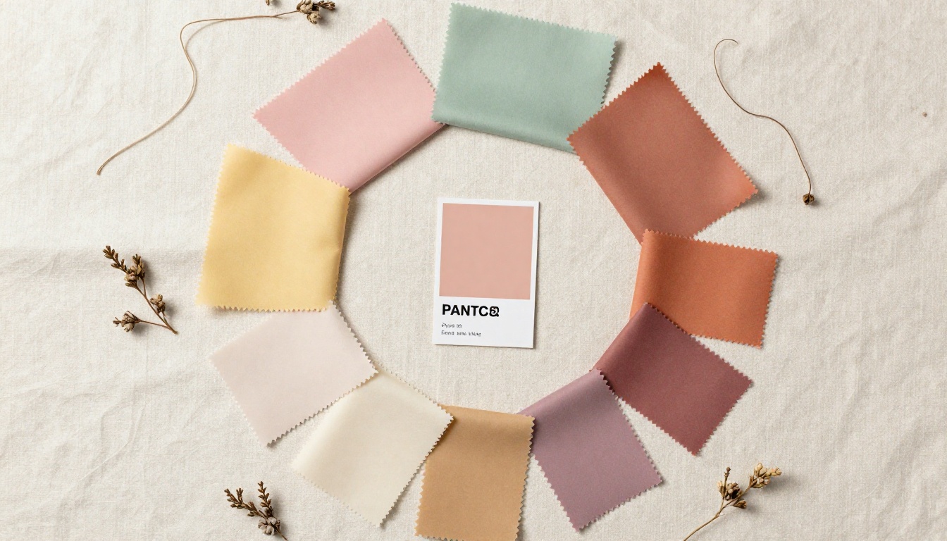 Overhead flat lay of spring fabric swatches in a circular arrangement on cream linen