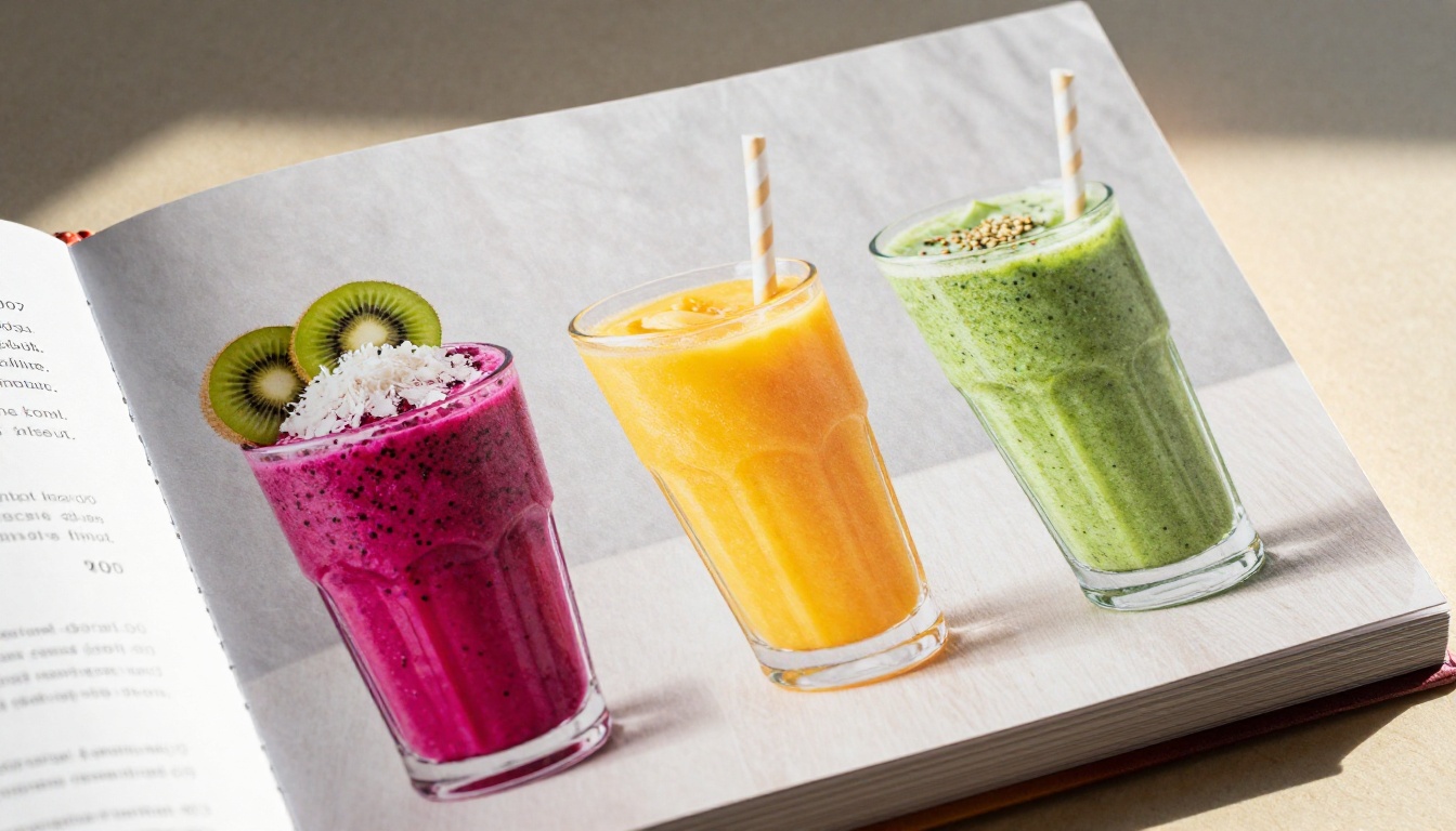 Open smoothie menu flipbook pages showing colorful tropical drinks