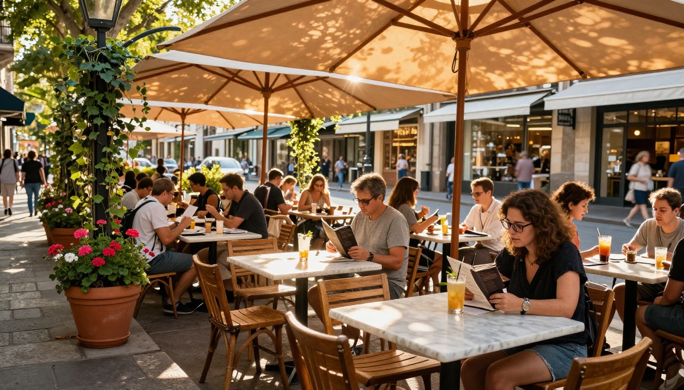 Sunny outdoor cafe terrace with customers enjoying summer drinks under terracotta umbrellas Sunny outdoor cafe terrace with customers enjoying summer drinks under terracotta umbrellas