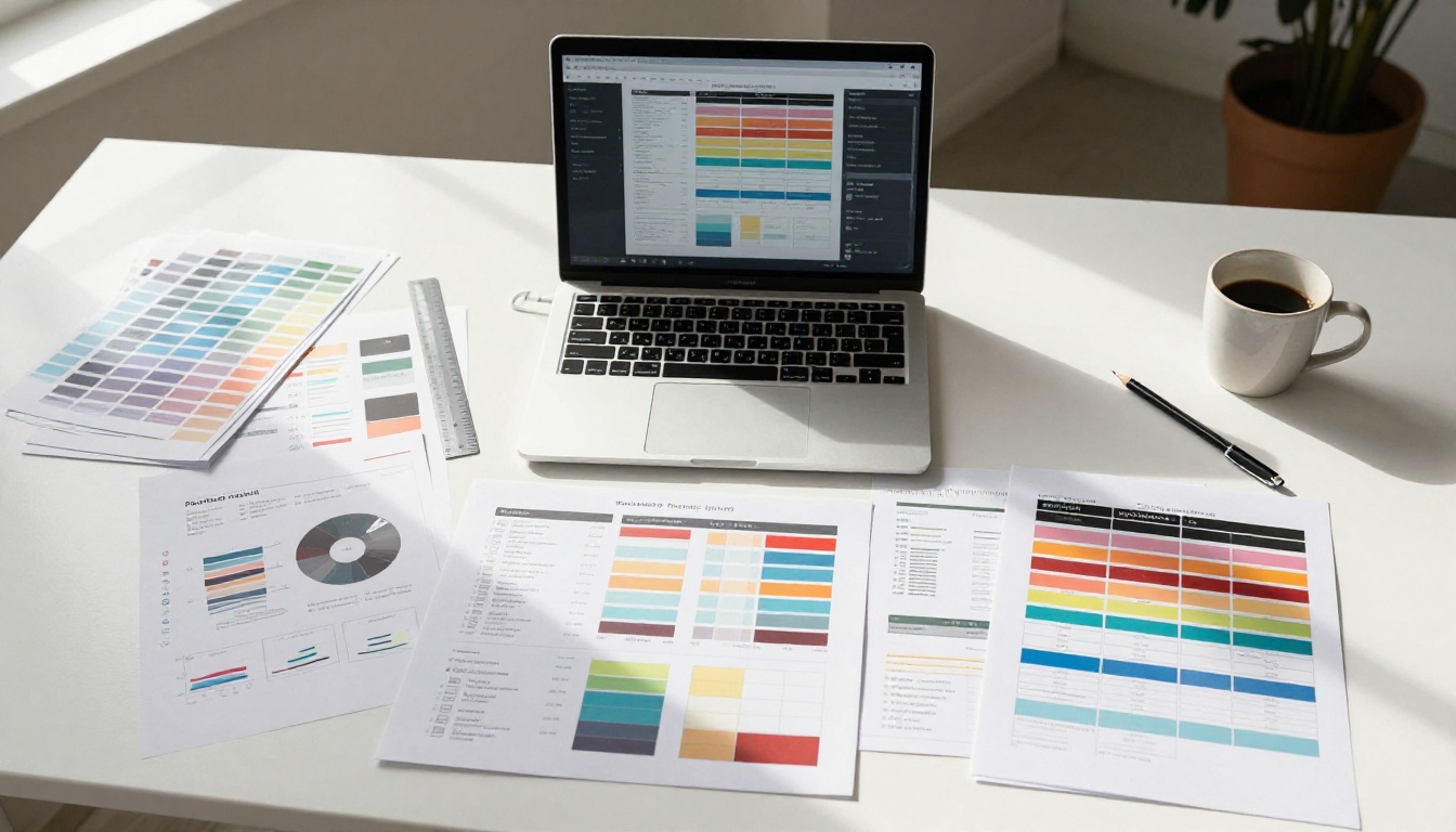 Aerial overhead shot of a designer's workspace with annual report layouts, Pantone color chips, and an espresso