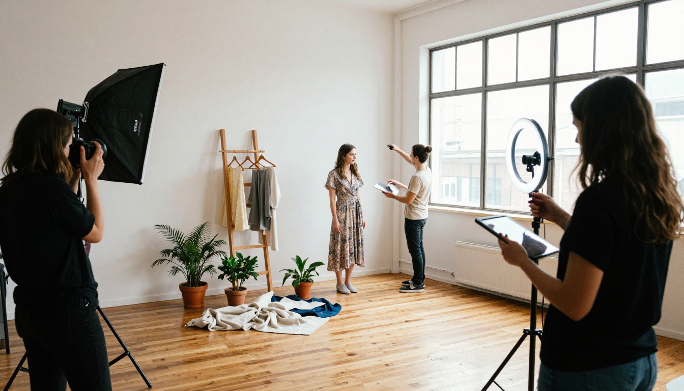 Behind the scenes of a small brand spring fashion shoot in a minimal studio space Behind the scenes of a small brand spring fashion shoot in a minimal studio space