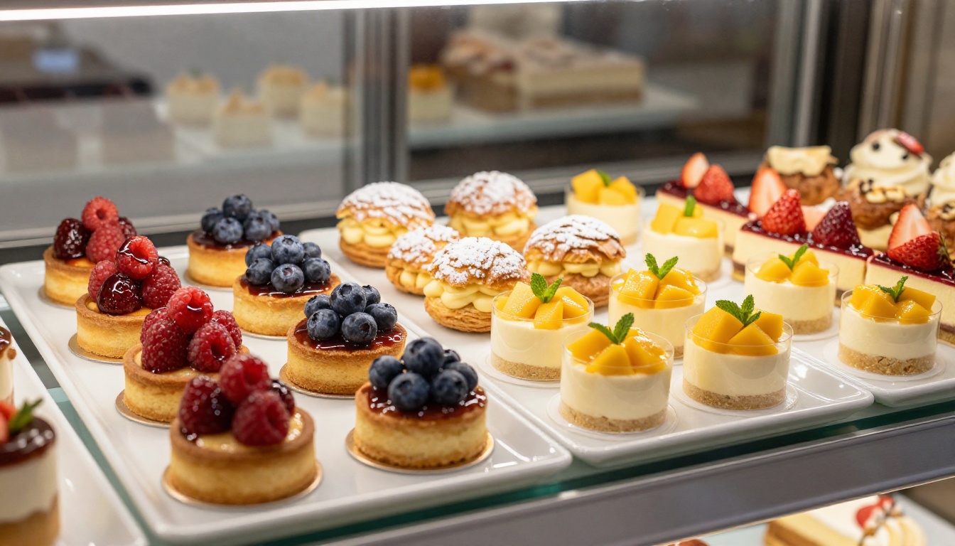 Summer artisan pastry display with fruit tarts and seasonal desserts in a cafe case Summer artisan pastry display with fruit tarts and seasonal desserts in a cafe case