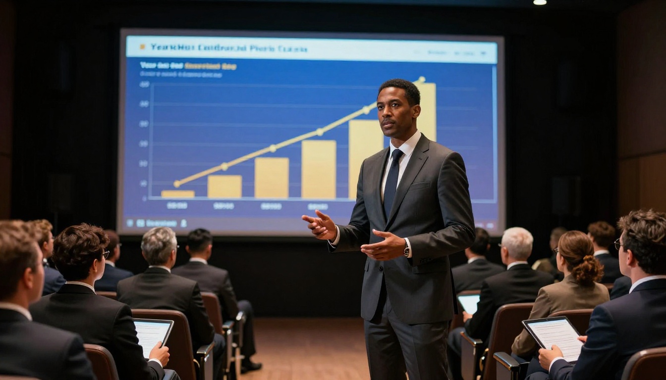 A confident executive presenting a year-end performance report on a large screen in a modern auditorium to an attentive audience