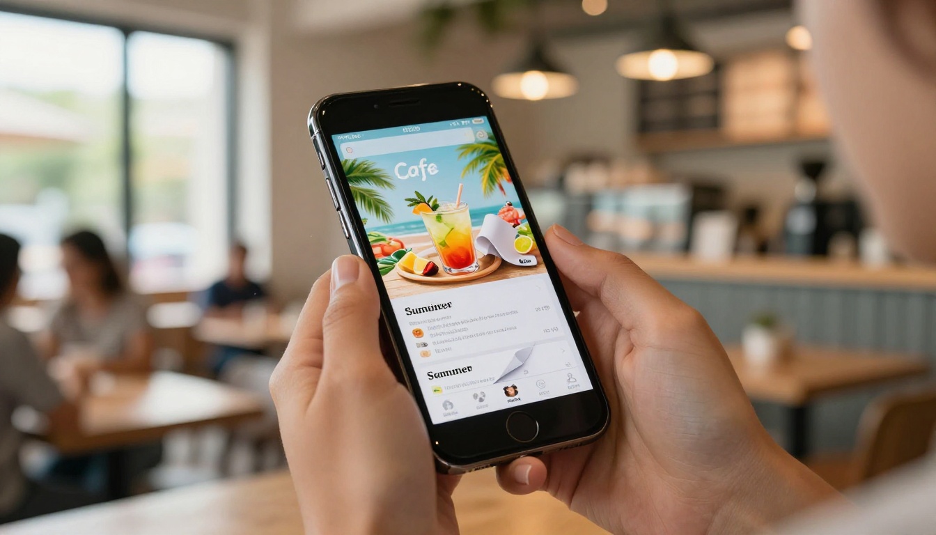 Woman holding smartphone displaying a colorful interactive summer cafe menu flipbook Woman holding smartphone displaying a colorful interactive summer cafe menu flipbook