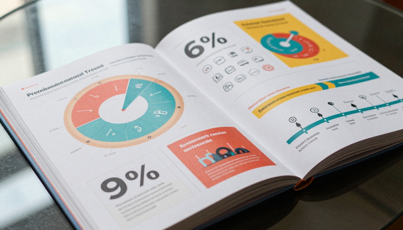 A premium annual report open flat on a glass table showing vivid double-page infographics with donut charts and timeline graphics