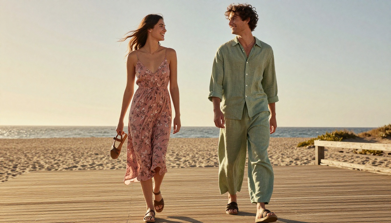 Two women in coordinated spring outfits walking on a sunny coastal boardwalk Two women in coordinated spring outfits walking on a sunny coastal boardwalk
