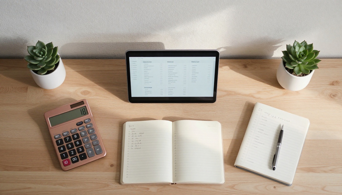 Aerial overhead view of a minimalist desk with tablet showing digital price catalog
