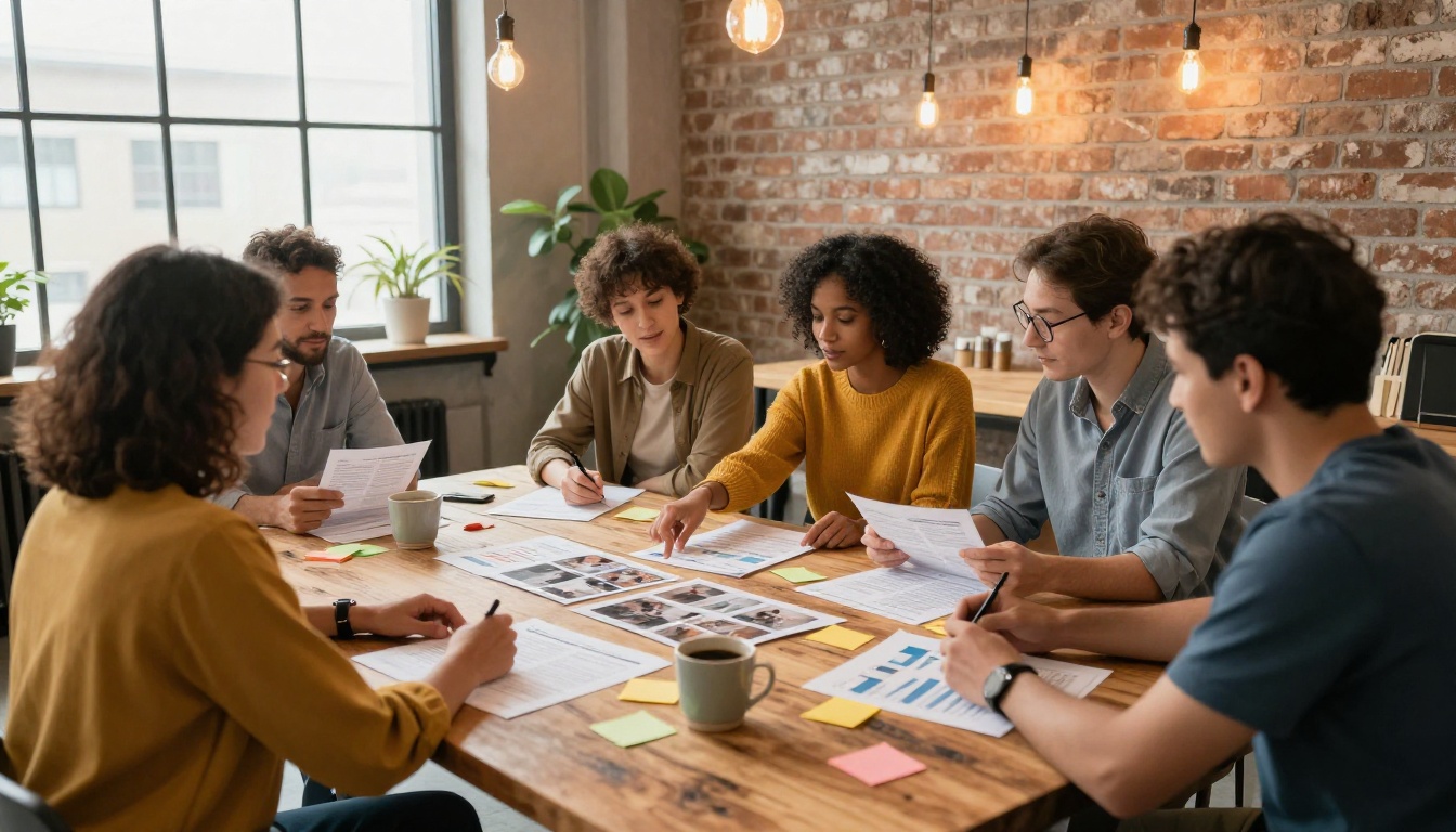 A diverse non-profit team reviewing their printed impact report together around a reclaimed wood table in a bright open office