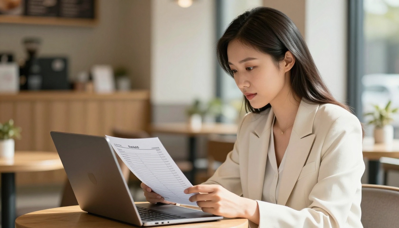 Professional businesswoman reviewing price list on laptop at a warm cafe