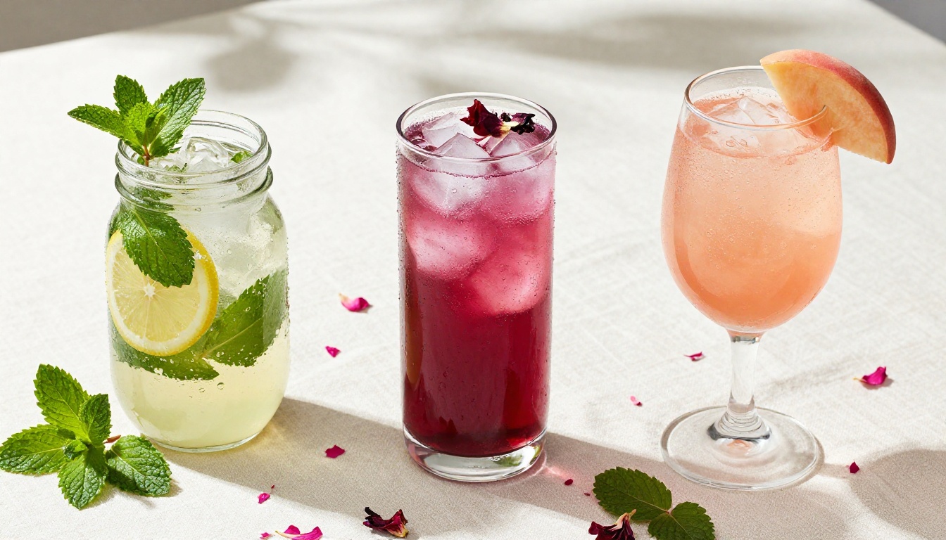 Overhead flat-lay of mint lemonade, hibiscus iced tea and sparkling peach water on white linen Overhead flat-lay of mint lemonade, hibiscus iced tea and sparkling peach water on white linen