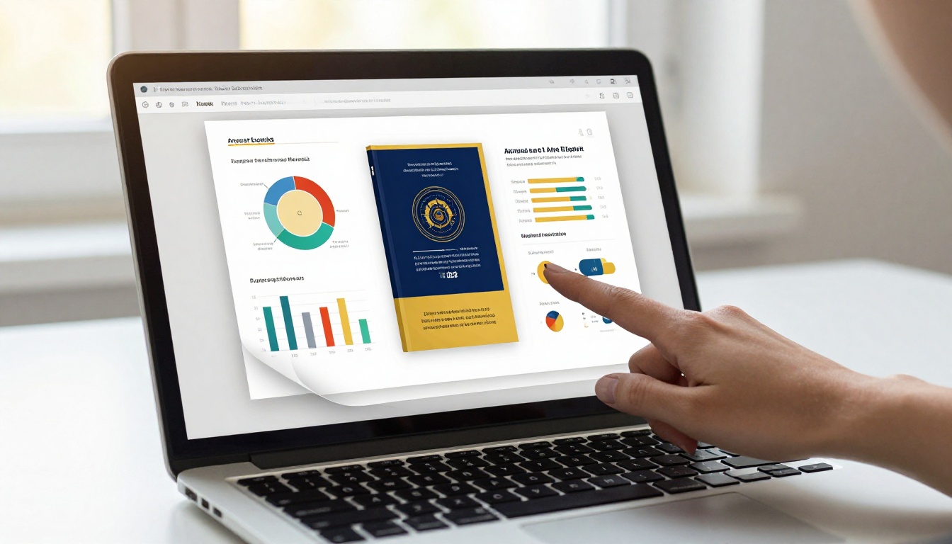 An interactive digital flipbook annual report displayed on a MacBook Pro with a visible page-flip effect and colorful chart pages