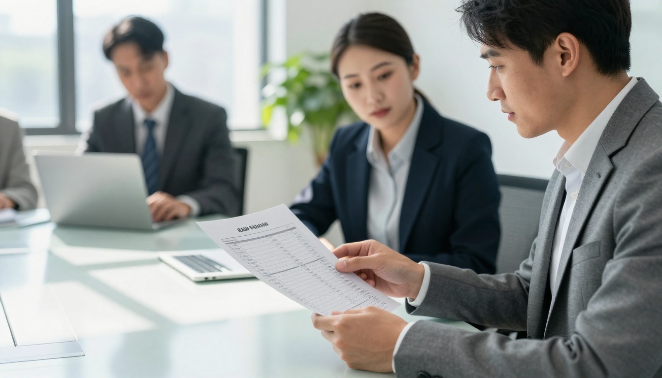 Two professionals reviewing a printed price list document at a conference table