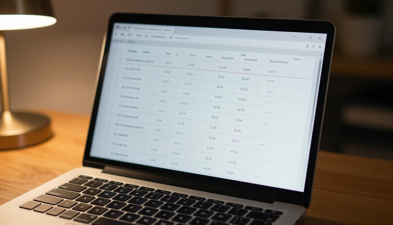 Close-up of a laptop displaying a clean, well-formatted digital price list on a wooden desk Close-up of a laptop displaying a clean, well-formatted digital price list on a wooden desk