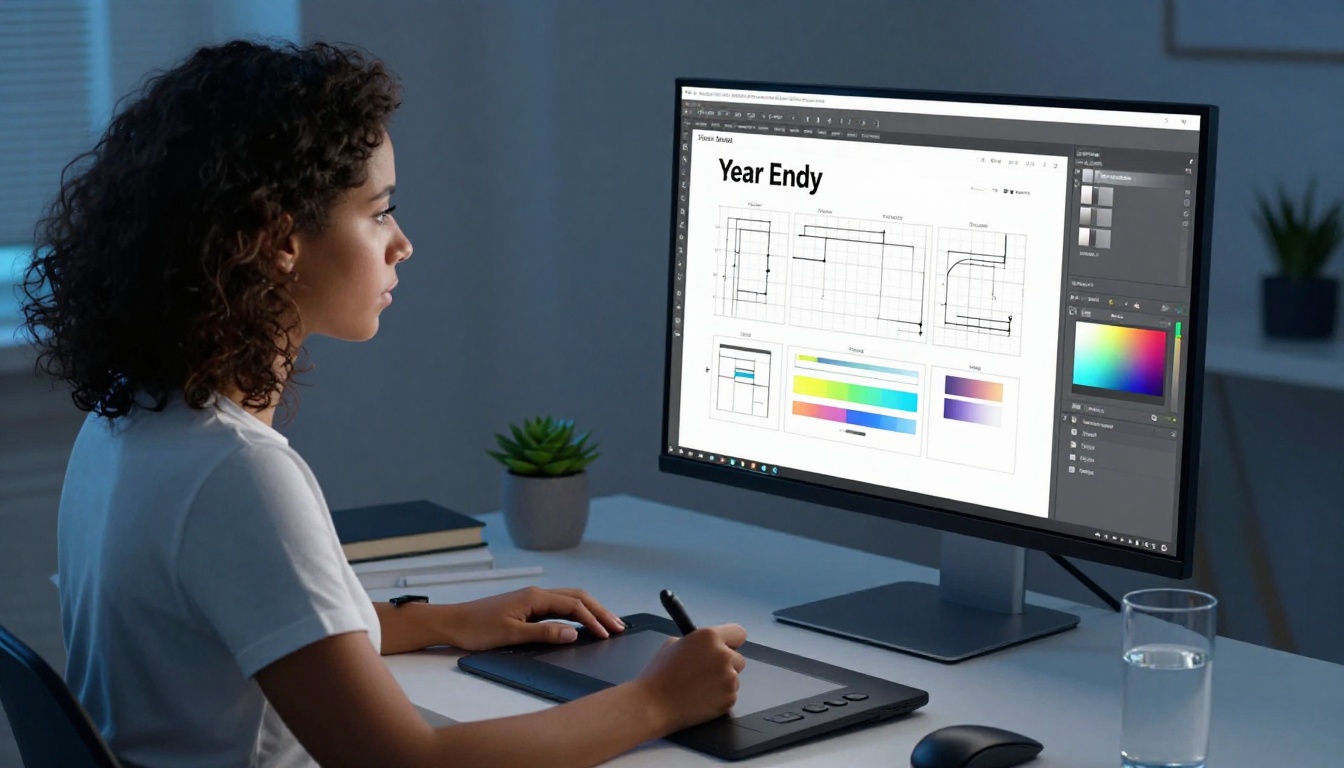 A focused graphic designer working on a year-end report layout on a large color-calibrated monitor, cool blue-white studio lighting