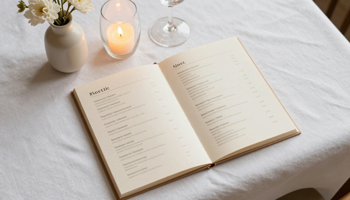 Overhead shot of a restaurant pricing menu spread on white linen tablecloth with winter flowers Overhead shot of a restaurant pricing menu spread on white linen tablecloth with winter flowers