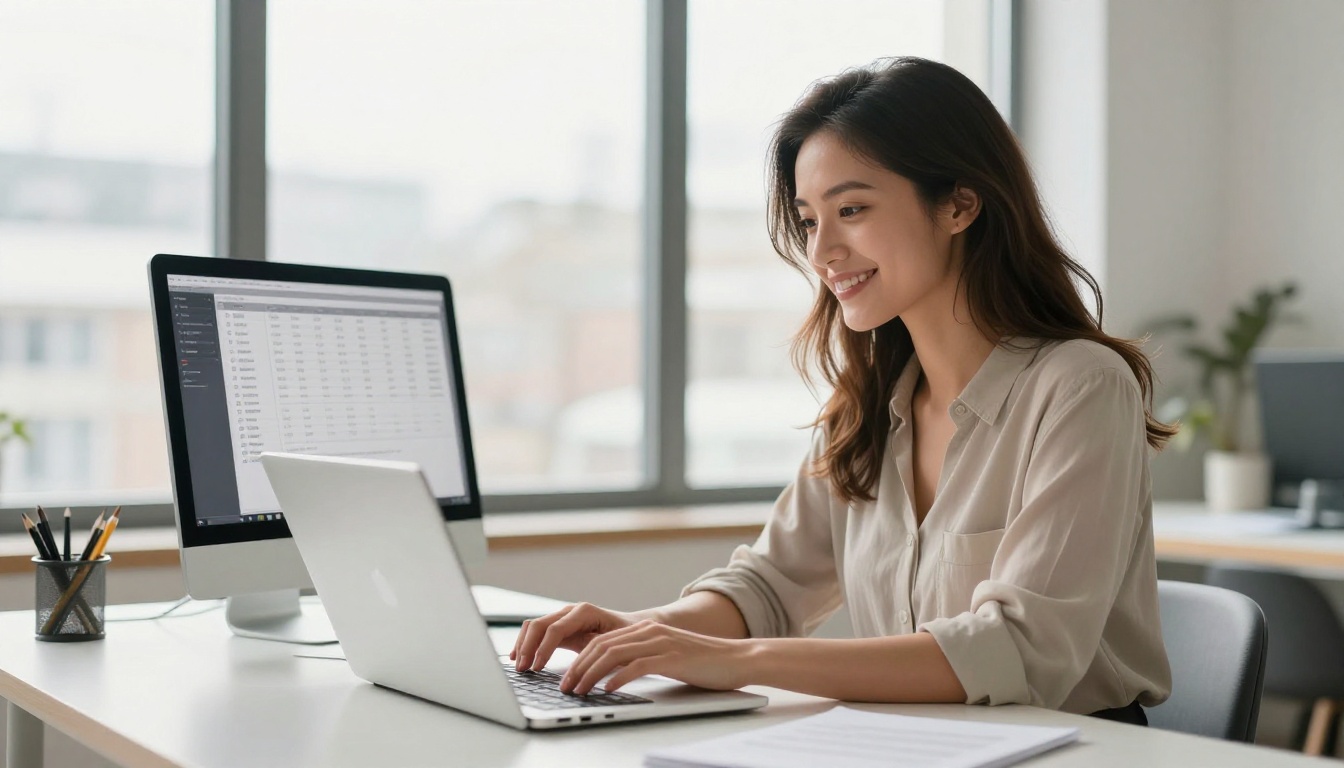 Woman entrepreneur at a bright home office smiling while working on a laptop with price list on monitor Woman entrepreneur at a bright home office smiling while working on a laptop with price list on monitor