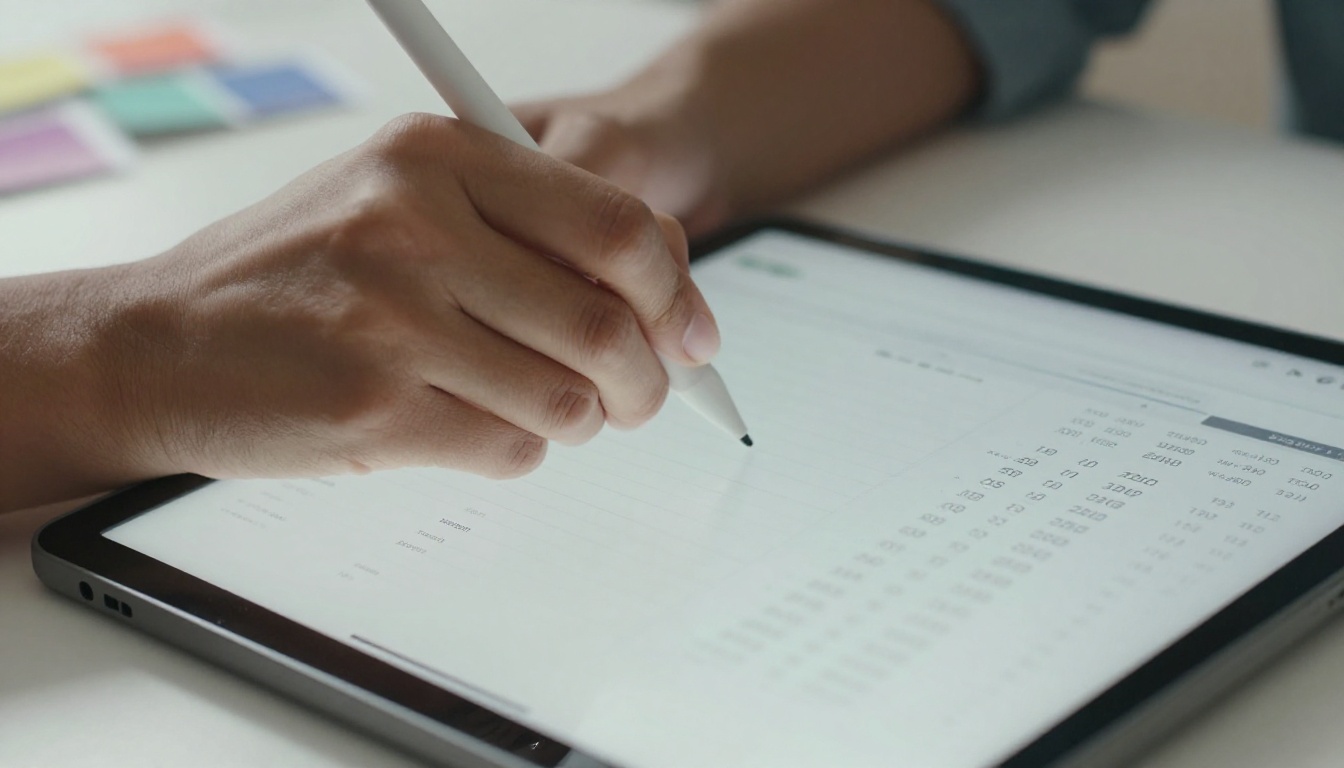 Close-up of a person using a stylus on a tablet to design a clean price list layout Close-up of a person using a stylus on a tablet to design a clean price list layout