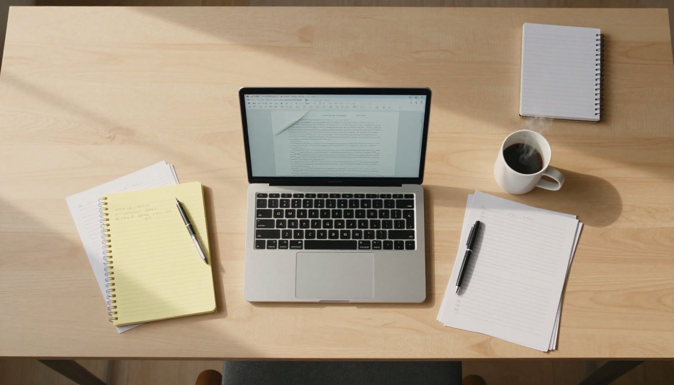 Aerial view of a desk with laptop showing digital document