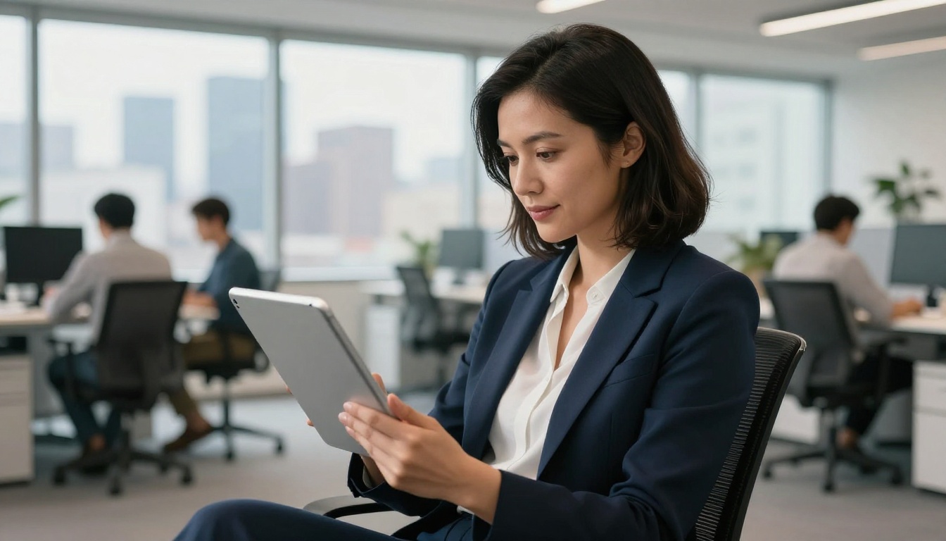 Professional woman reviewing documents on a tablet