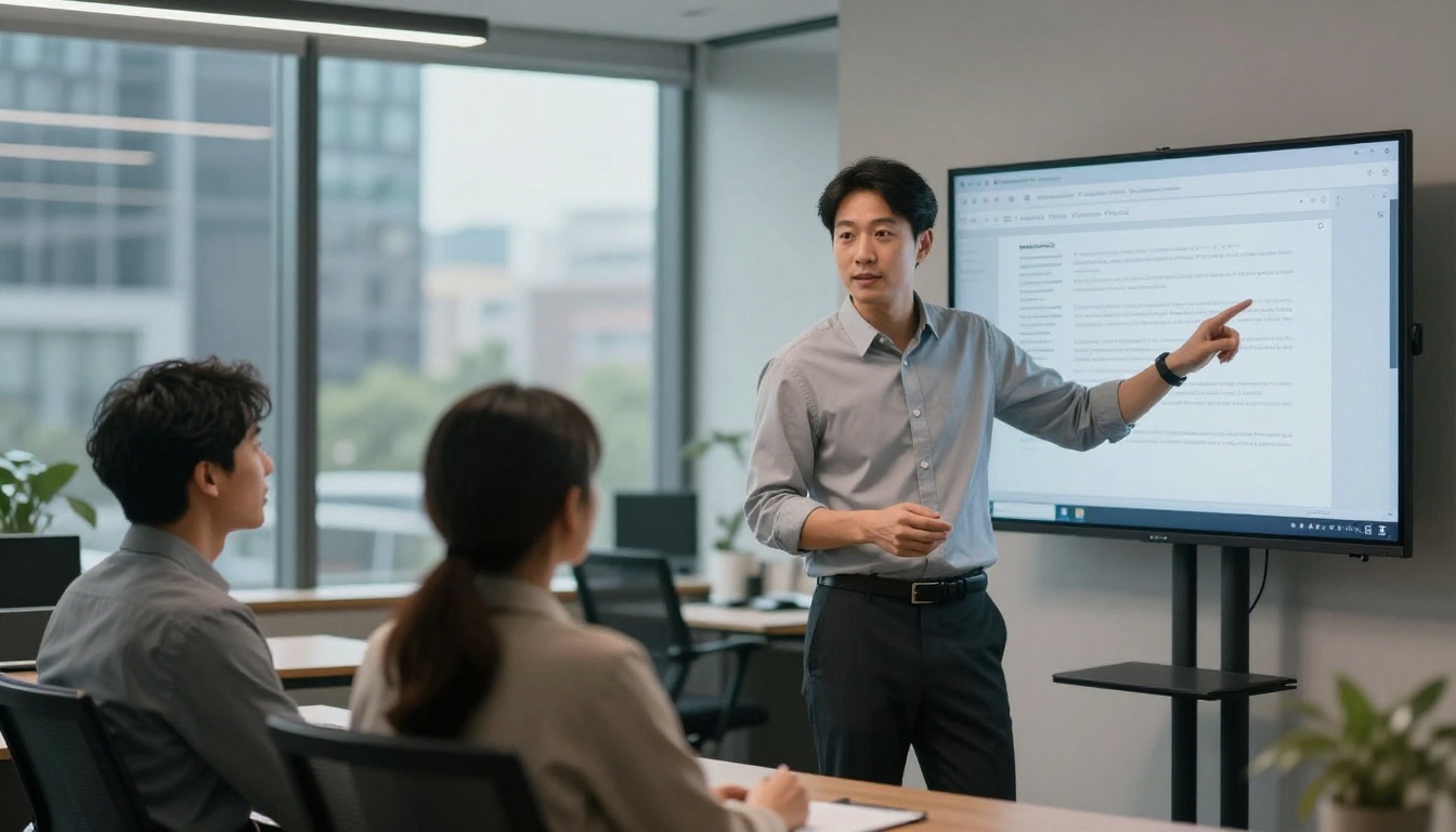 Accountant presenting digital document on large monitor to clients Accountant presenting digital document on large monitor to clients