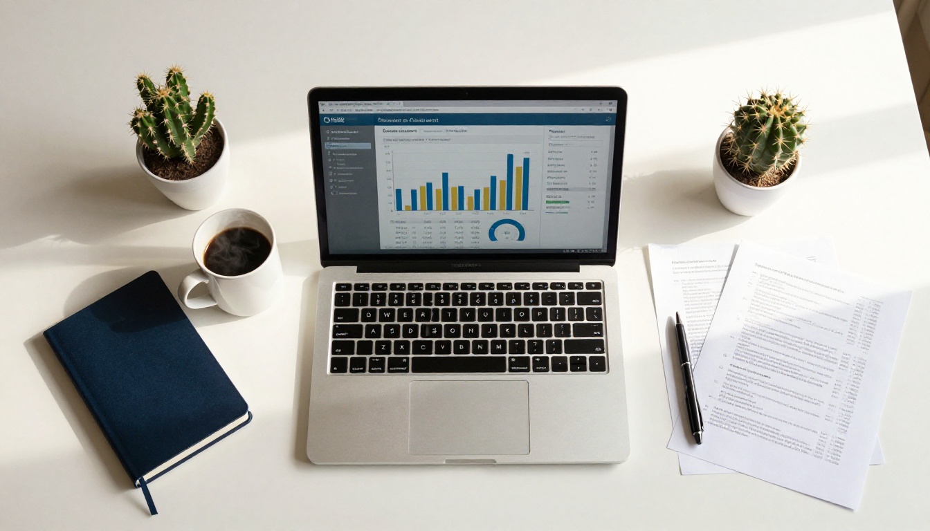 Analytics dashboard on laptop surrounded by office items Analytics dashboard on laptop surrounded by office items